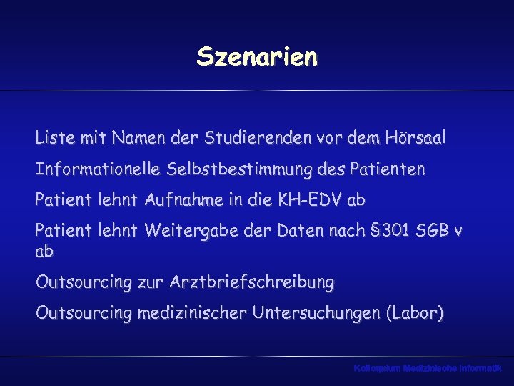 Szenarien Liste mit Namen der Studierenden vor dem Hörsaal Informationelle Selbstbestimmung des Patienten Patient