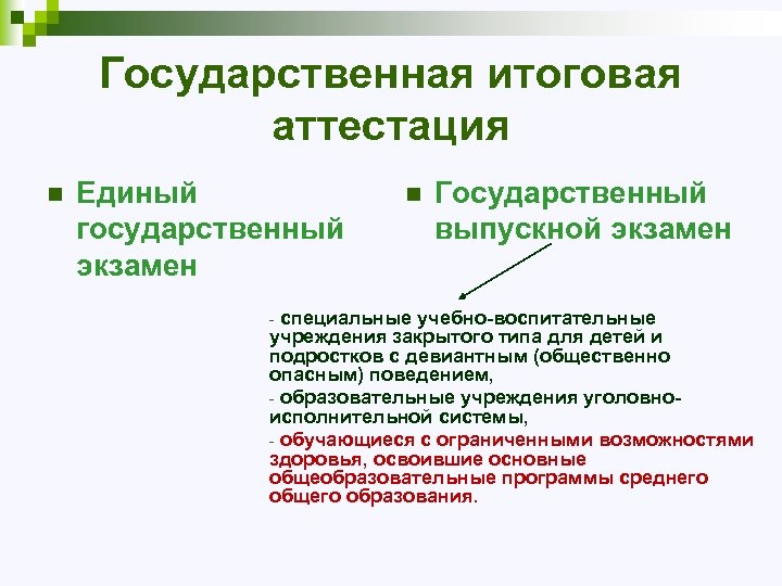 Государственная итоговая аттестация n Единый государственный экзамен n Государственный выпускной экзамен специальные учебно-воспитательные учреждения