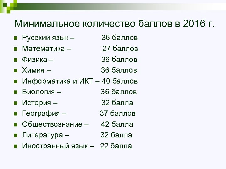 Минимальное количество баллов в 2016 г. n n n Русский язык – 36 баллов
