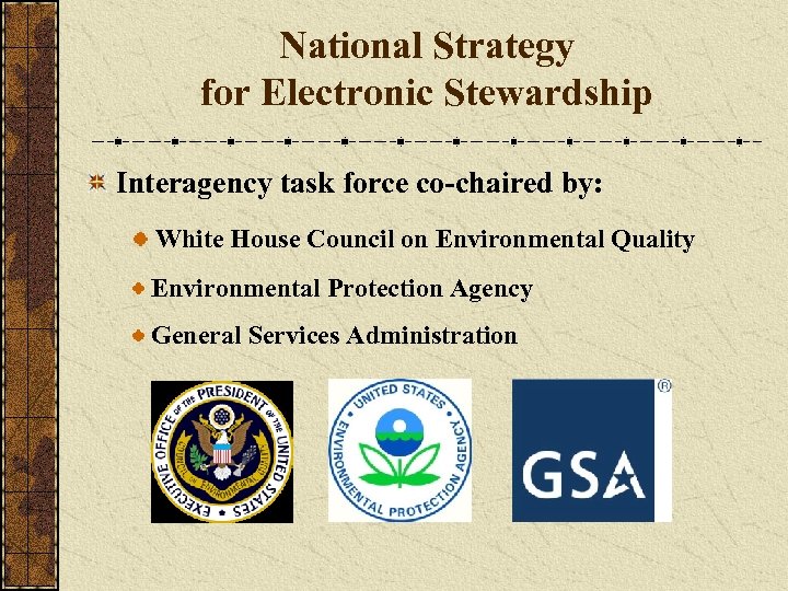 National Strategy for Electronic Stewardship Interagency task force co-chaired by: White House Council on