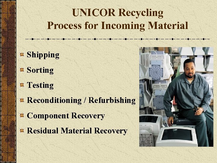 UNICOR Recycling Process for Incoming Material Shipping Sorting Testing Reconditioning / Refurbishing Component Recovery