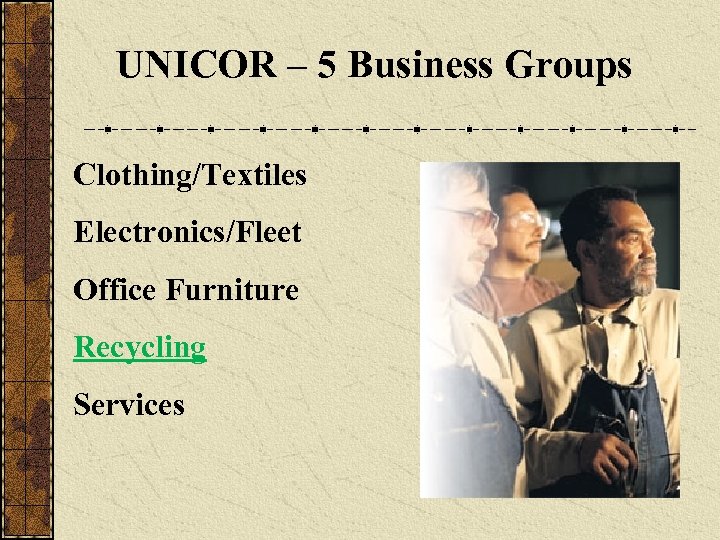 UNICOR – 5 Business Groups Clothing/Textiles Electronics/Fleet Office Furniture Recycling Services 