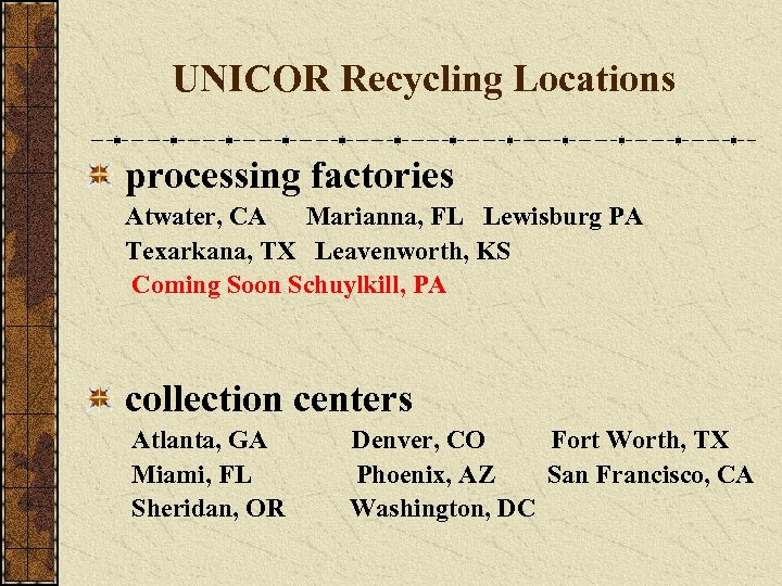 UNICOR Recycling Locations processing factories Atwater, CA Marianna, FL Lewisburg PA Texarkana, TX Leavenworth,