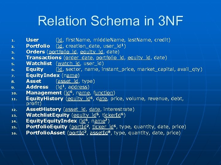Relation Schema in 3 NF 1. 2. 3. 4. 5. 6. 7. 8. 9.