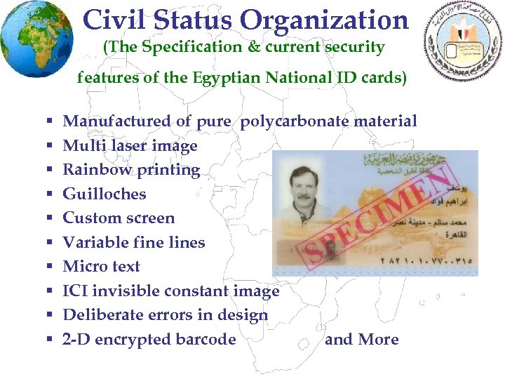 Civil Status Organization (The Specification & current security features of the Egyptian National ID