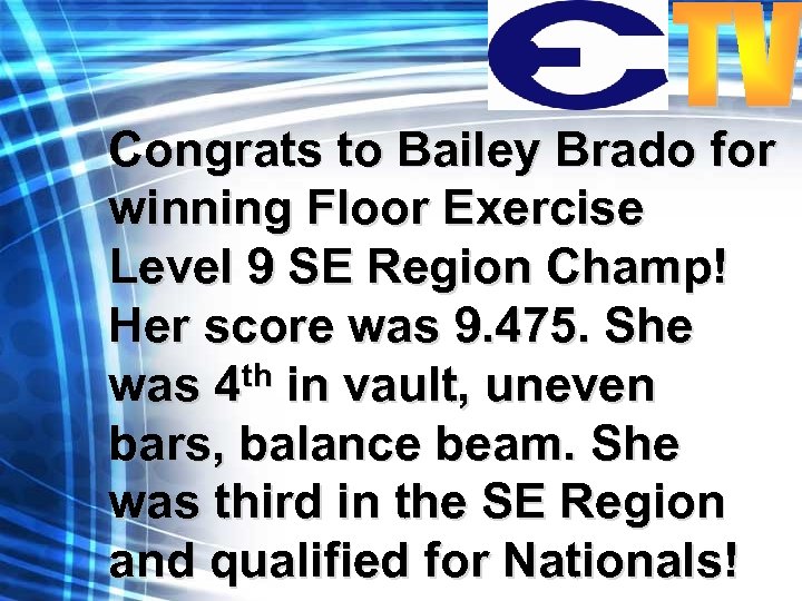 Congrats to Bailey Brado for winning Floor Exercise Level 9 SE Region Champ! Her