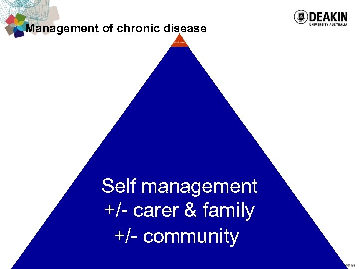 Management of chronic disease Self management +/- carer & family +/- community 