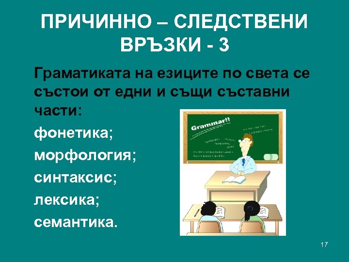 ПРИЧИННО – СЛЕДСТВЕНИ ВРЪЗКИ - 3 Граматиката на езиците по света се състои от