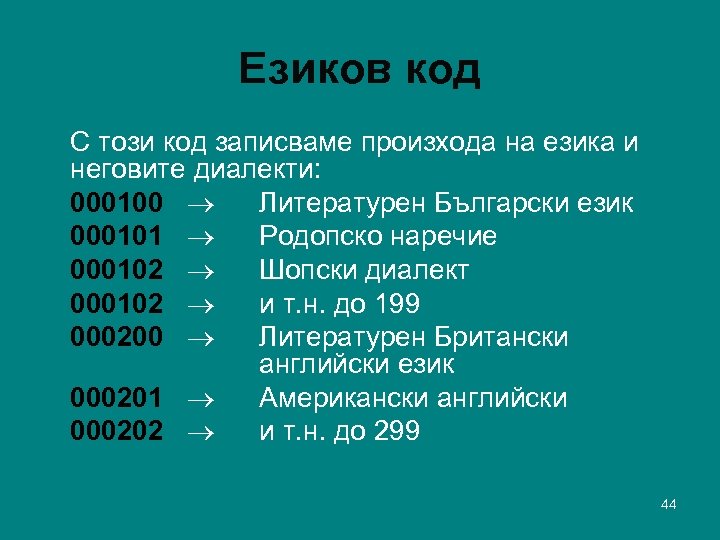 Езиков код С този код записваме произхода на езика и неговите диалекти: 000100 Литературен