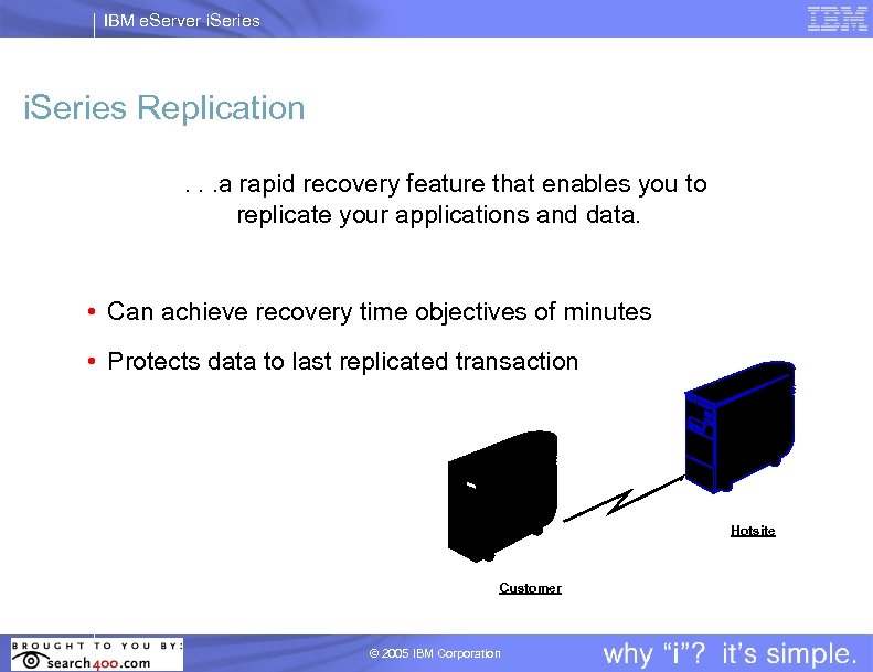IBM e. Server i. Series Replication. . a rapid recovery feature that enables you
