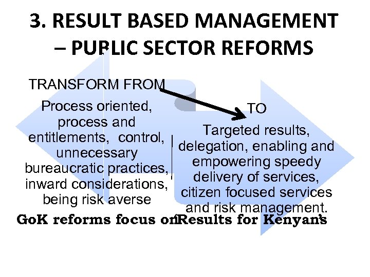 3. RESULT BASED MANAGEMENT – PUBLIC SECTOR REFORMS TRANSFORM FROM Process oriented, TO process