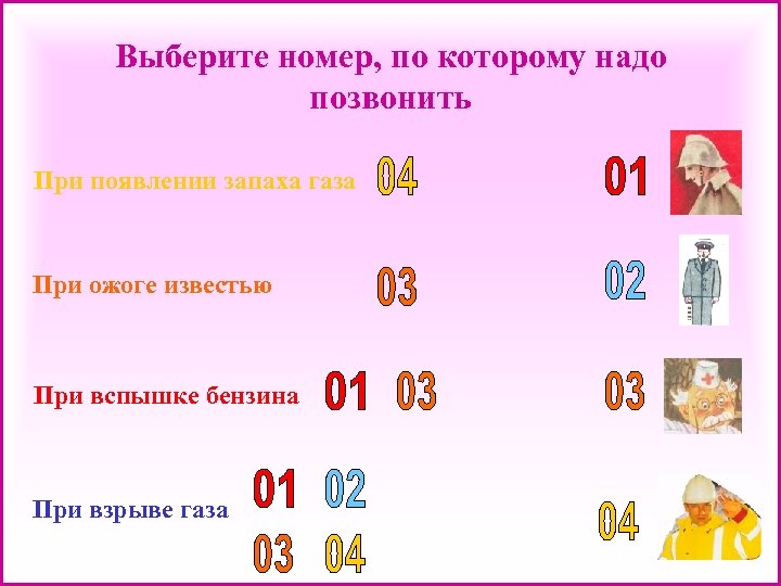 Выберите номер, по которому надо позвонить При появлении запаха газа При ожоге известью При
