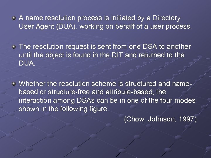 A name resolution process is initiated by a Directory User Agent (DUA), working on