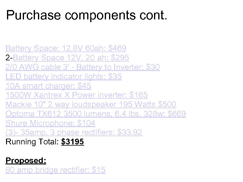 Purchase components cont. Battery Space: 12. 8 V 60 ah: $469 2 -Battery Space