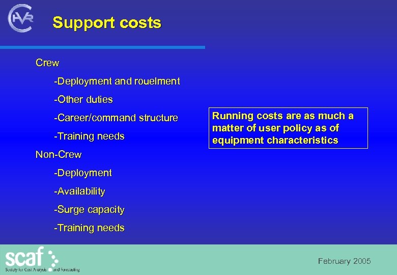 Support costs Crew -Deployment and rouelment -Other duties -Career/command structure -Training needs Running costs