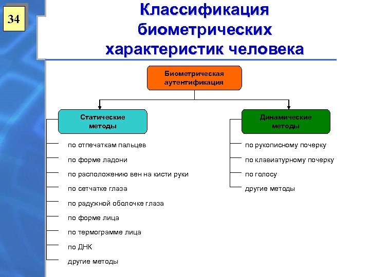 Классификация биометрических характеристик человека 34 Биометрическая аутентификация Статические методы Динамические методы по отпечаткам пальцев