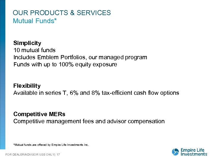 OUR PRODUCTS & SERVICES Mutual Funds* Simplicity 10 mutual funds Includes Emblem Portfolios, our