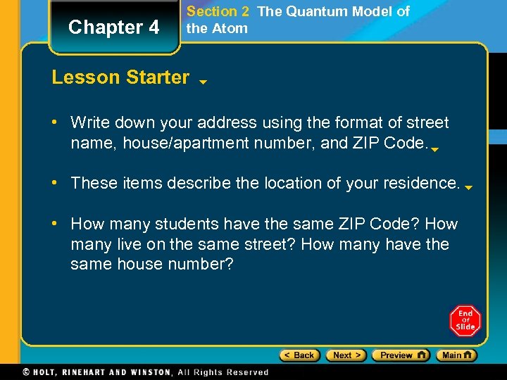 Chapter 4 Section 2 The Quantum Model of the Atom Lesson Starter • Write