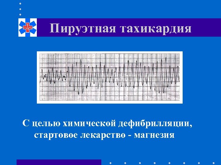 Пируэтная тахикардия С целью химической дефибрилляции, стартовое лекарство - магнезия 