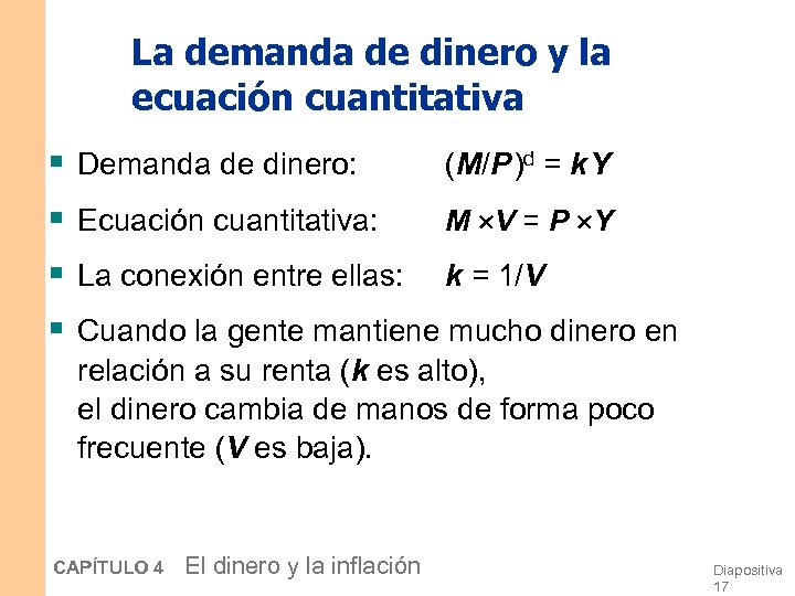 La demanda de dinero y la ecuación cuantitativa § § Demanda de dinero: (M/P