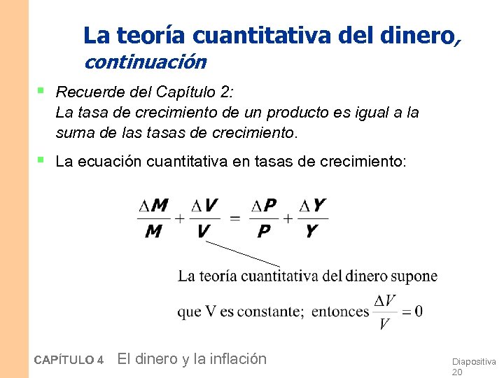 La teoría cuantitativa del dinero, continuación § Recuerde del Capítulo 2: La tasa de