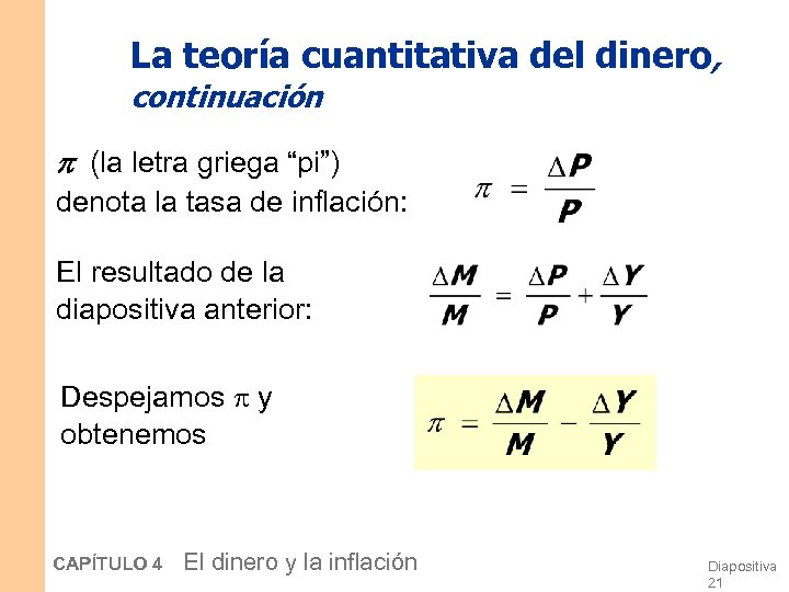 La teoría cuantitativa del dinero, continuación (la letra griega “pi”) denota la tasa de