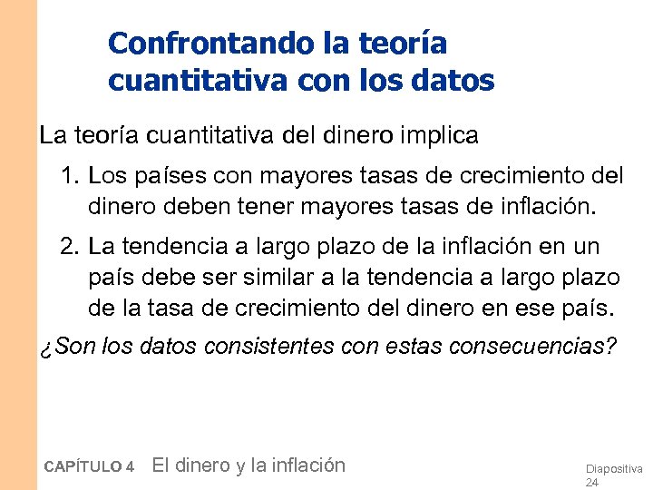 Confrontando la teoría cuantitativa con los datos La teoría cuantitativa del dinero implica 1.