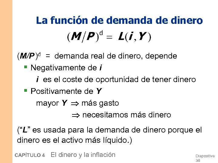 La función de demanda de dinero (M/P )d = demanda real de dinero, depende