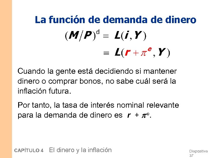 La función de demanda de dinero Cuando la gente está decidiendo si mantener dinero