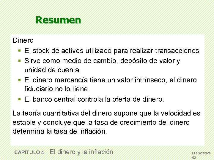 Resumen Dinero § El stock de activos utilizado para realizar transacciones § Sirve como