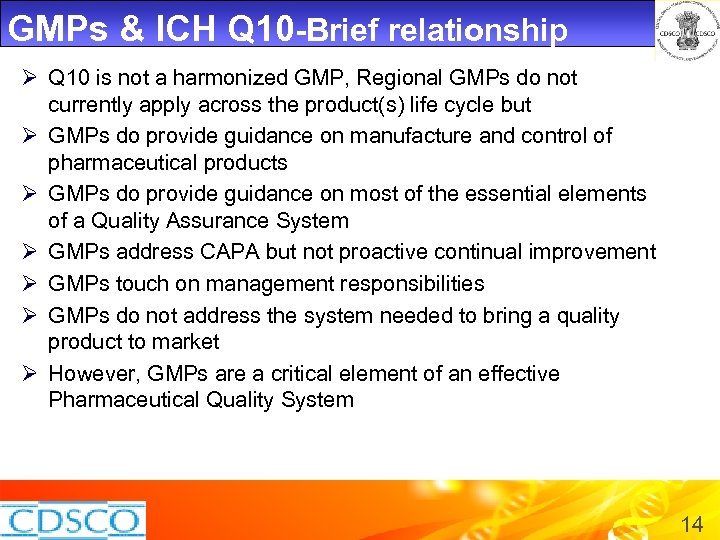GMPs & ICH Q 10 -Brief relationship Ø Q 10 is not a harmonized