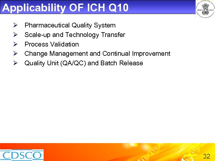 Applicability OF ICH Q 10 Ø Ø Ø Pharmaceutical Quality System Scale-up and Technology