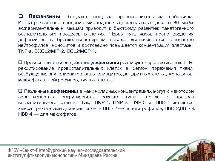 q Дефензины обладают мощным провоспалительным действием. Интратрахеальное введение миелоидных a дефензинов в дозе 5–