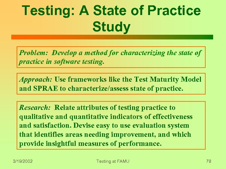 Testing: A State of Practice Study Problem: Develop a method for characterizing the state