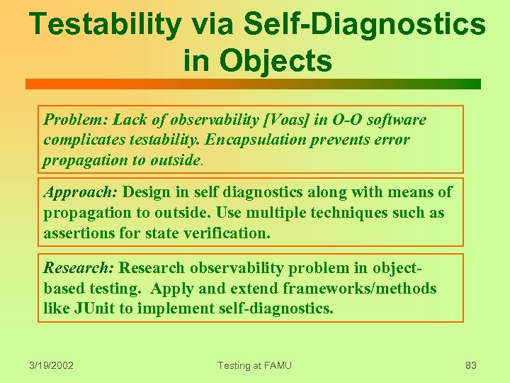 Testability via Self-Diagnostics in Objects Problem: Lack of observability [Voas] in O-O software complicates
