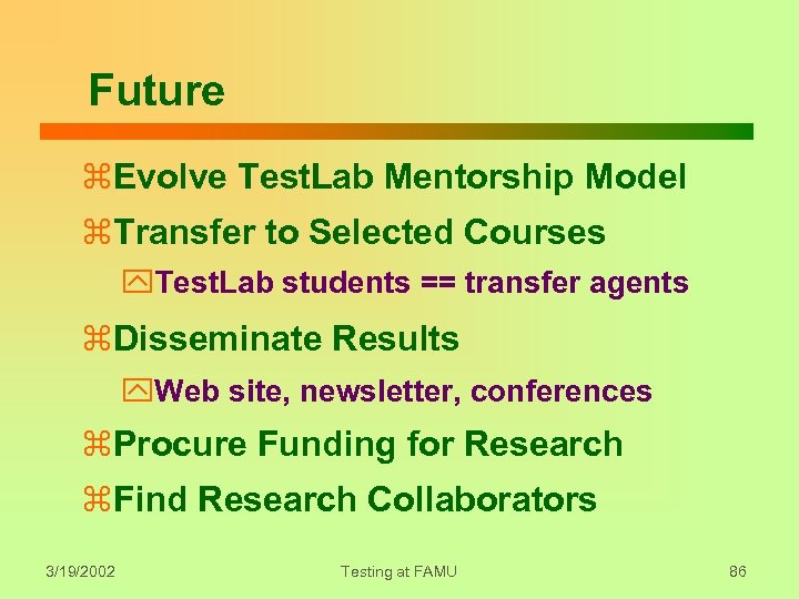 Future z. Evolve Test. Lab Mentorship Model z. Transfer to Selected Courses y. Test.