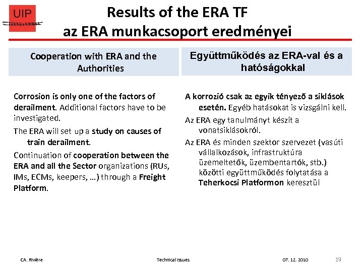 Results of the ERA TF az ERA munkacsoport eredményei Cooperation with ERA and the