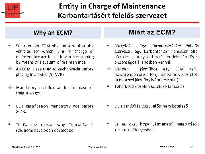 Entity in Charge of Maintenance Karbantartásért felelős szervezet Why an ECM? Miért az ECM?