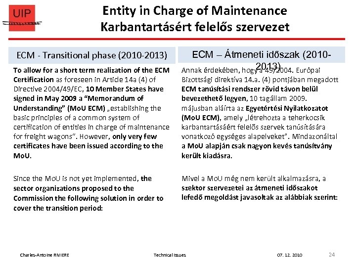 Entity in Charge of Maintenance Karbantartásért felelős szervezet ECM - Transitional phase (2010 -2013)