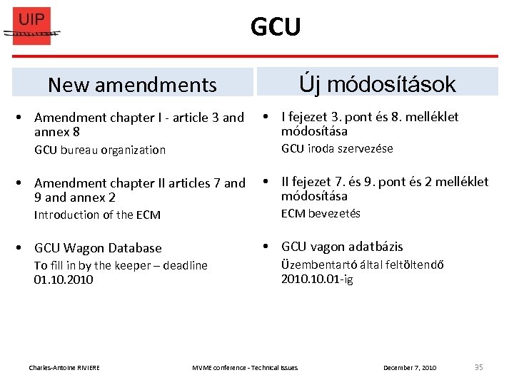 GCU New amendments Új módosítások Amendment chapter I - article 3 and I fejezet