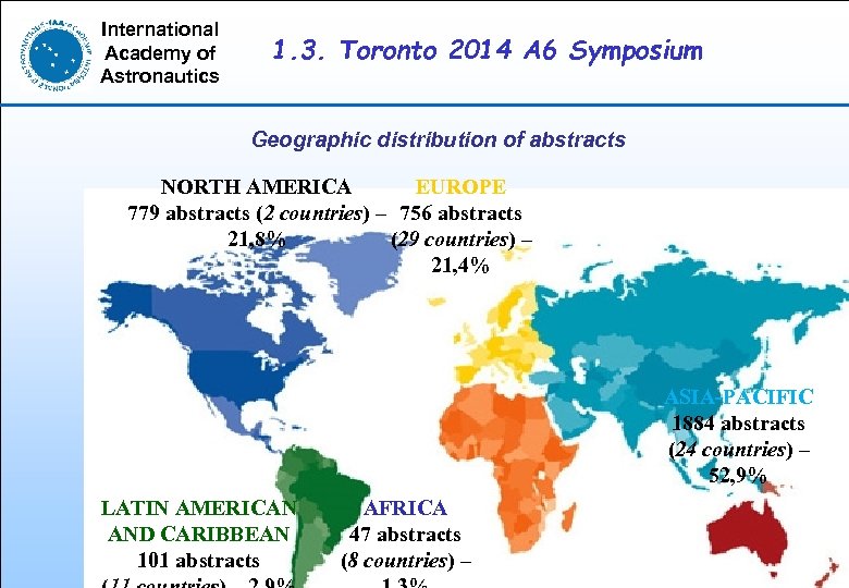 International Academy of Astronautics 1. 3. Toronto 2014 A 6 Symposium Geographic distribution of