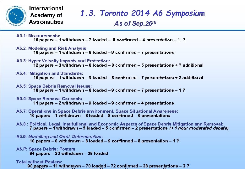 International Academy of Astronautics 1. 3. Toronto 2014 A 6 Symposium As of Sep.