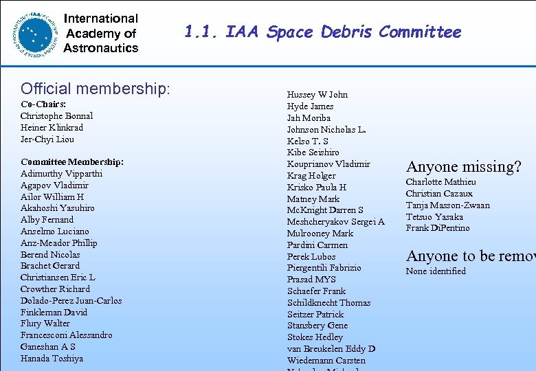 International Academy of Astronautics Official membership: Co-Chairs: Christophe Bonnal Heiner Klinkrad Jer-Chyi Liou Committee