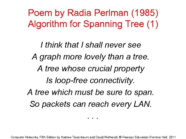 Poem by Radia Perlman (1985) Algorithm for Spanning Tree (1) I think that I