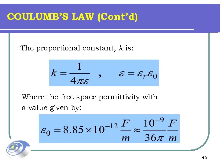 COULUMB’S LAW (Cont’d) The proportional constant, k is: Where the free space permittivity with