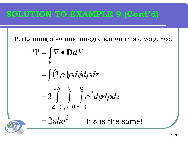 SOLUTION TO EXAMPLE 9 (Cont’d) Performing a volume integration on this divergence, This is