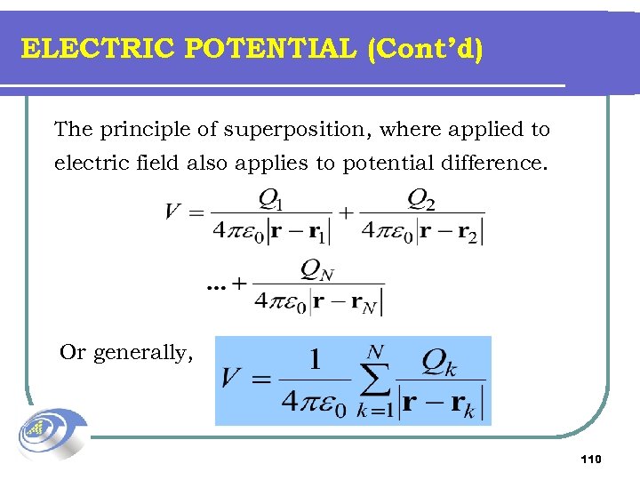 ELECTRIC POTENTIAL (Cont’d) The principle of superposition, where applied to electric field also applies