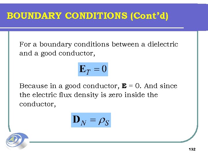 BOUNDARY CONDITIONS (Cont’d) For a boundary conditions between a dielectric and a good conductor,