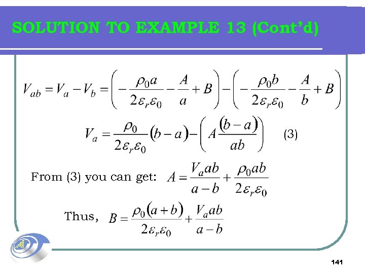 SOLUTION TO EXAMPLE 13 (Cont’d) (3) From (3) you can get: Thus, 141 