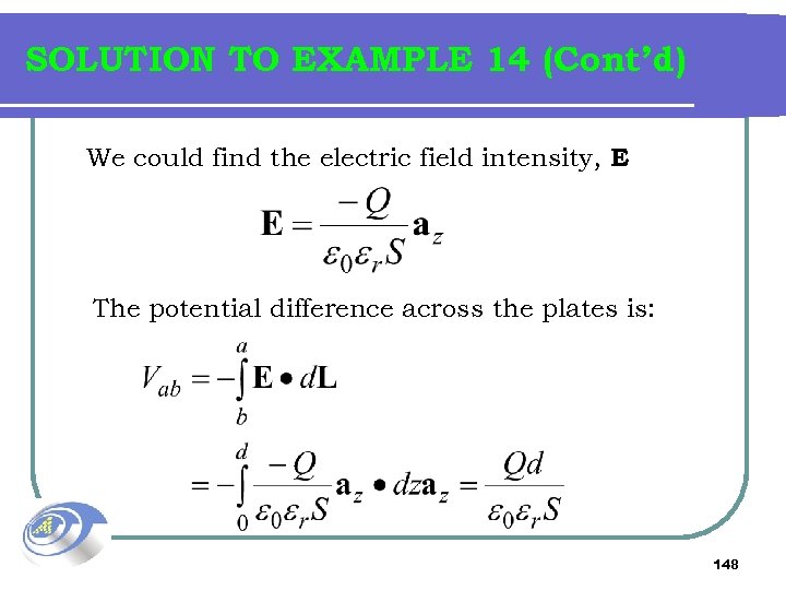 SOLUTION TO EXAMPLE 14 (Cont’d) We could find the electric field intensity, E The